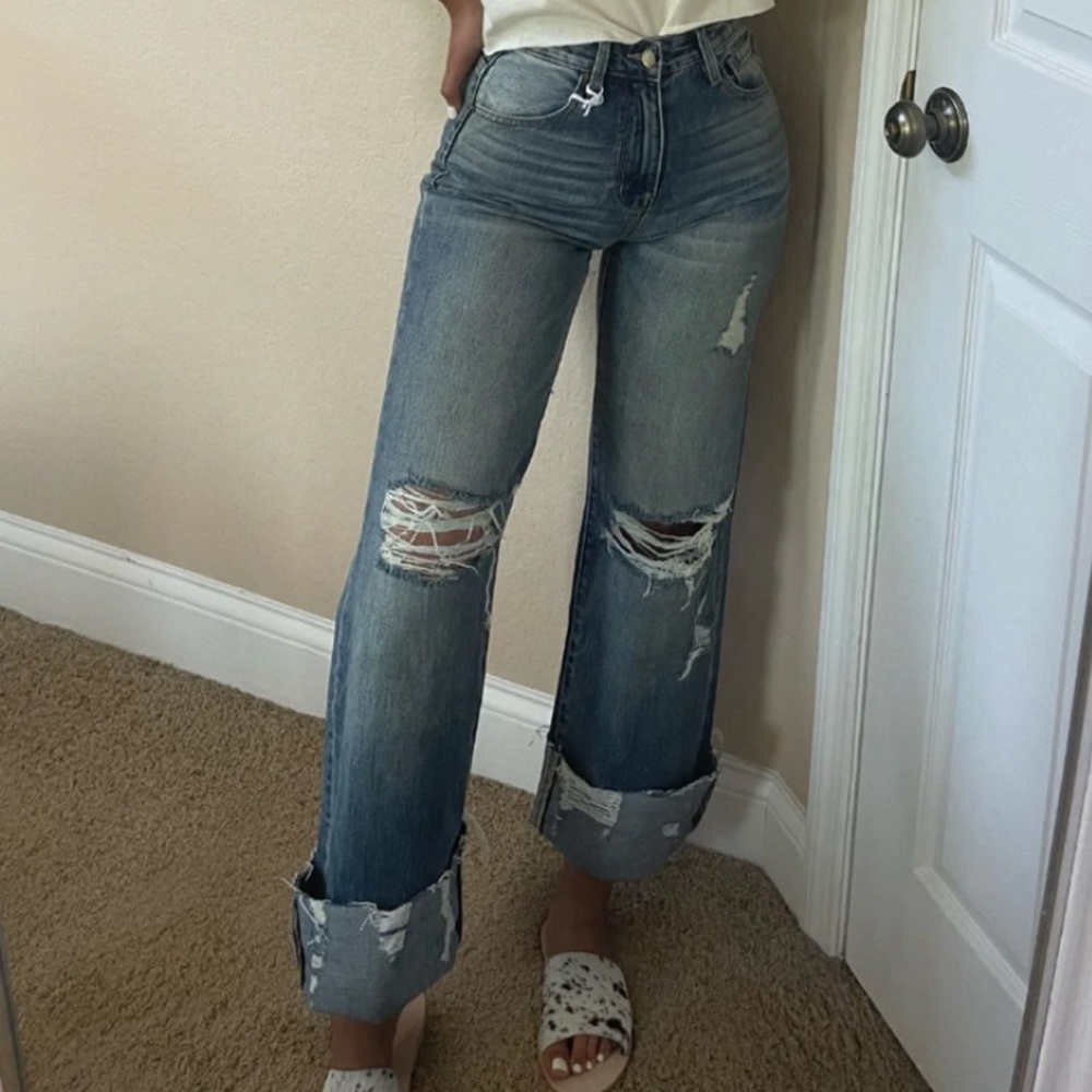Distressed flare jeans